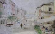 Orazio Pigato, Piazza a Bordelino, óleo de 48 x 58 cm. Cachet al dorso.