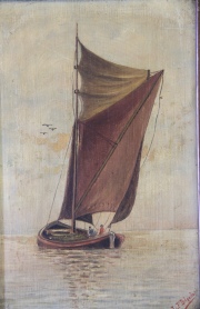 Velero, óleo firmado L.F. Delgado. Mide: 30 x 19,6 cm.