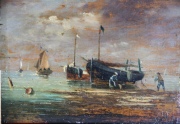 Barcos en la costa, par de óleos con firma ilegible, enmarcados. Miden: 16 x 21 cm.