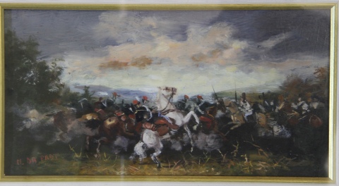 COMBATE DE CABALLERIAS, óleo firmado M. Da Prat. Mide: 18 x 34,5 cm.