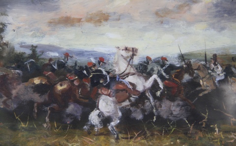 COMBATE DE CABALLERIAS, óleo firmado M. Da Prat. Mide: 18 x 34,5 cm.