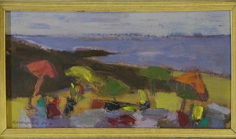 En la Playa, óleo de Marcangeli. Mide: 13 x 24 cm.