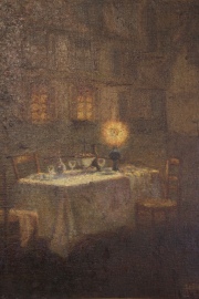 Mesa en un Jardín, Nocturno. Escuela de Le Sidaner. Óleo. Desperfectos. Mide: 67 x 53 cm.