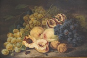 Frutas e Insectos, óleo firmado F. Mendel. Desperfectos. Mide: 30 x 38.5 cm.