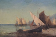 Veleros en la Costa, óleo firmado M. Day. Saltaduras. Mide 63 x 84 cm.