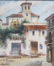 Casa Española, óleo de J. Ruiz Caneda. Mide: 14 x 11 cm.