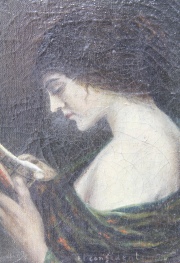 EL CONFIDENTE (Mujer leyendo), óleo. Mide: 23 x 17 cm.