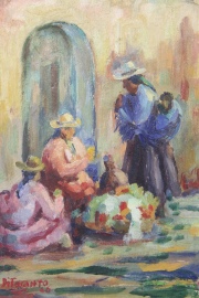 Ditaranto, VENDEDORA DE FLORES y LAS TRES NIETAS, el primero óleo de 24 x 17 cm y el segundo, un dibujo de 14 x 11,5 cm