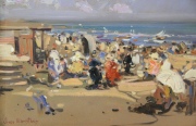 Joan Vives Maristany, En la Playa, par de óleos. Miden: 20 x 29 cm.