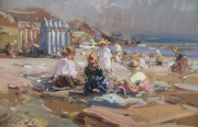 Joan Vives Maristany, En la Playa, par de óleos. Miden: 20 x 29 cm.