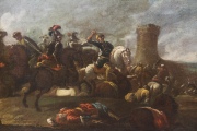 Escena de batalla, óleo Anónimo. Deterioro. Mide: 49 x 63 cm.