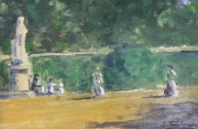 Parque Parisino, óleo firma ilegible. Mide: 18 x 25 cm.