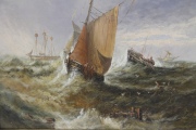 Edwin Hayes, Barcos en una Tormenta, óleo. Mide: 64 x 77 cm.