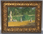 Parque Parisino, óleo firma ilegible. Mide: 18 x 25 cm.