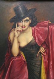 Efren Apesteguia . Mujer española con sombrero negro, óleo de 1935 firmado. 100 x 85 cm.