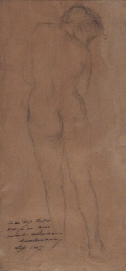 Ernesto de la Cárcova, Desnudo de espaldas, dibujo al lápiz. 41 x 19 cm.