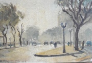 Calle de Buenos Aiers con autos, óleo de Heynemann. Mide: 23 x 30 cm.