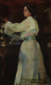 Mujer con vestido blanco, óleo de A. Christophersen. Mide: 26 x 16 cm.