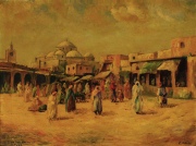 Place Bab Souika Tunis, árabes, óleo firmado E. Schibli. Mide: 70 x 54 cm.