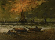 Romandini, Barcos en la costa, óleo de 60 x 80 cm.