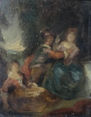 Escena Galante, óleo, marco con averías. Mide: 20,2 x 16,2 cm.