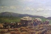 Ottorino PUGNALONI. Carretas, Levantando la Cosecha, óleo de 76.5 x 106.5 cm.