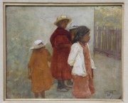 Nazareno Orlandi 'En la Estación', óleo. (figuras). Mide:18 x 22 cm.