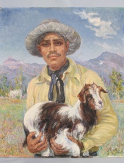 Joven Norteño con cabra, óleo de C. Mascias de Mendez, año 1942. Mide: 80 x 70 cm.