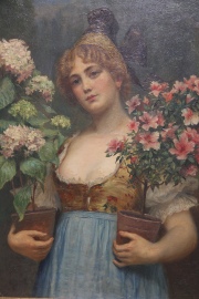 Óleo, Mujer con macetas con flores, óleo firmado E. Bayer. Mide: 52,5 x 42,5 cm.