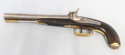 Pistola Yuxtapuesta de dos caños de percusión avancarga de 1850. Inoperable Largo: 34 cm.