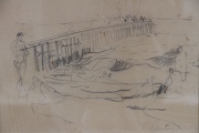 Castagnino, Muelle con Pescadores, dibujo firmado. Mide: 21 x 30 cm.