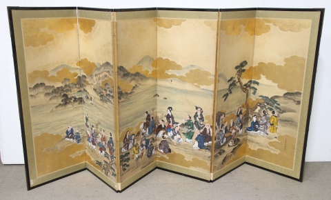 MORI KANSAI. Biombo japonés, de seis hojas. 122 cm de alto. Ancho de cada panel: 45 cm los 4 centrales y 47 cm los 2 ext