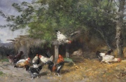 DEFAUX, Alexandre: GALLINAS JUNTO AL GRANERO, óleo, restauro. Mide: 36 x 59 cm.