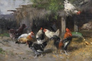 DEFAUX, Alexandre: GALLINAS JUNTO AL GRANERO, óleo, restauro. Mide: 36 x 59 cm.